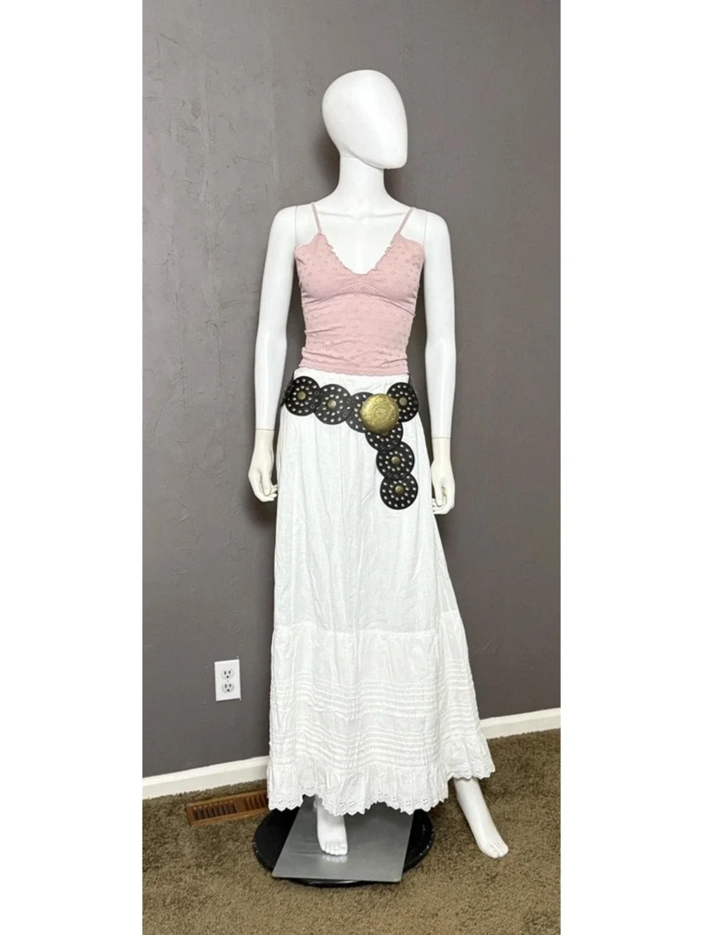 Vintage Y2K Statement Belt Black Disc + Brass Buckle and Grommet L/XL Hip Belt